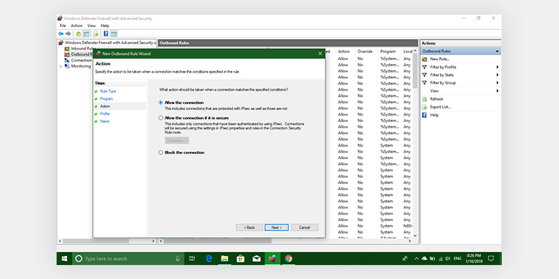 The ‘Action’ tab will open. Select ‘Allow the connection’ option and click NEXT.